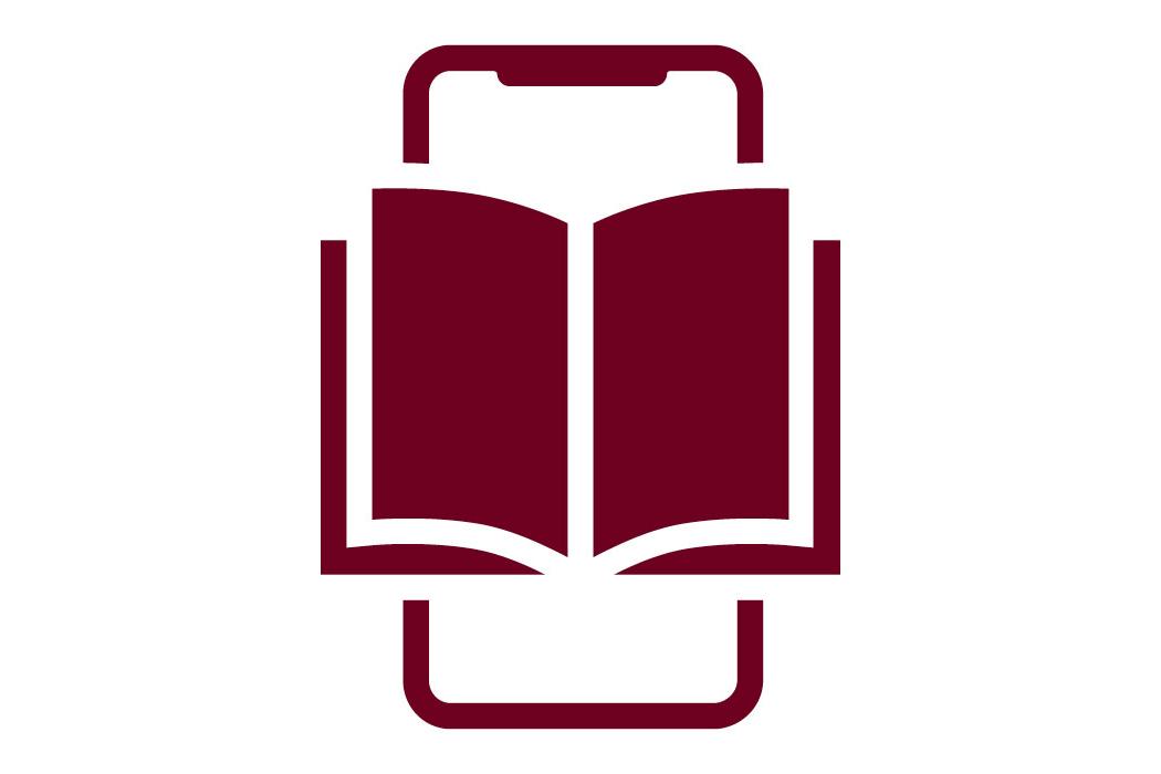 Library icon of a book on top of a smart phone